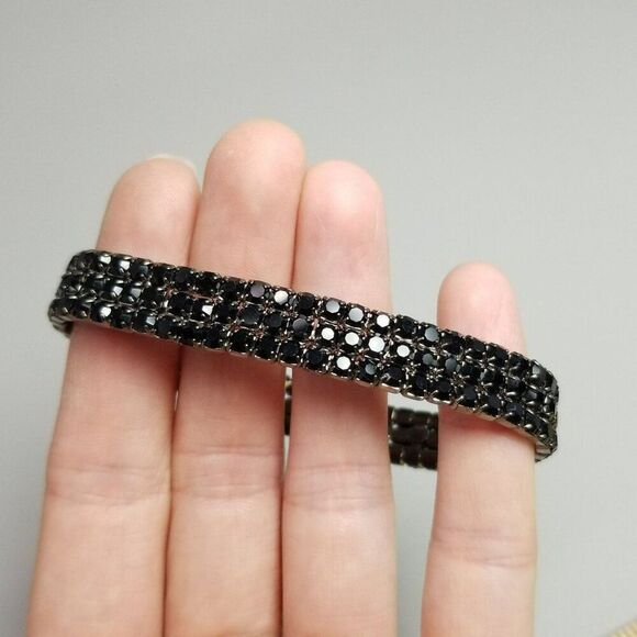 Vintage Sparkly Black Rhinestone Three Row Stretch Bangle Bracelet, Estate - Picture 1 of 7